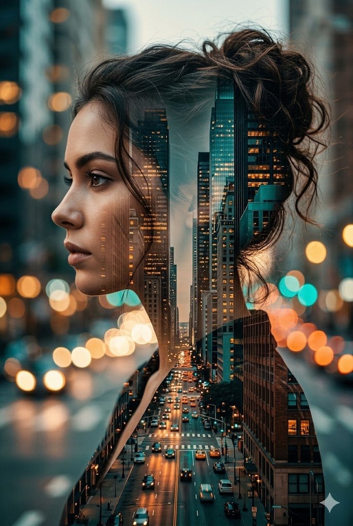 A cinematic double exposure portrait of a young woman hollywood actress in profile, her hair in a messy bun,…
