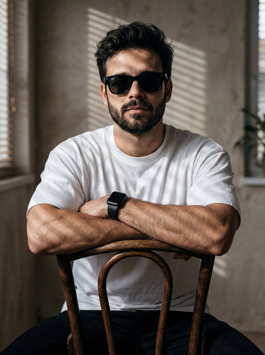 A high-resolution, cinematic portrait of a young man with messy, voluminous dark hair and a well-groomed bear…