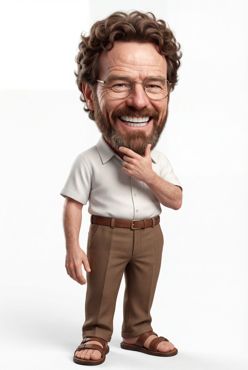 A highly detailed 3D caricature of a cheerful man with an oversized h…