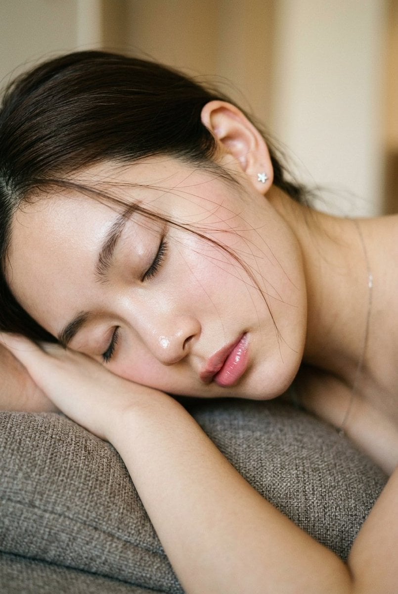 Extreme close-up profile portrait of a young woman resting. mirror rules null age Early 20s expression eyes l…