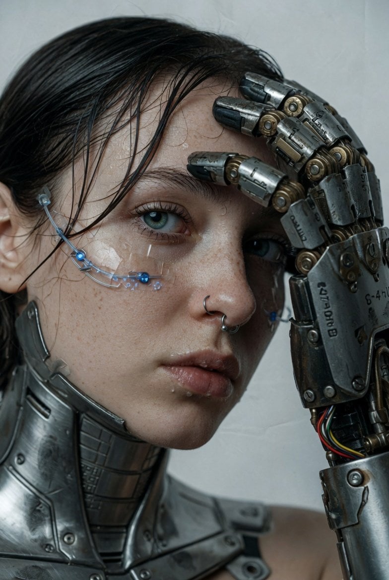 A hyper-realistic, cinematic extreme close-up portrait of a young wom…