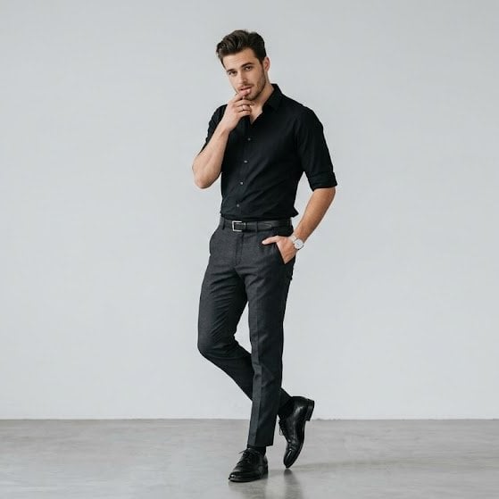 Full-body portrait of a stylish young man standing against a plain li…