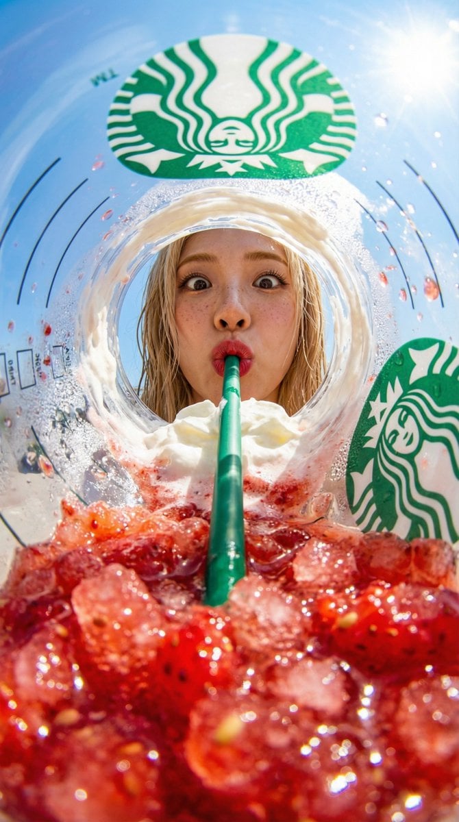 View from inside a Starbucks strawberry frappuccino cup looking up fi…