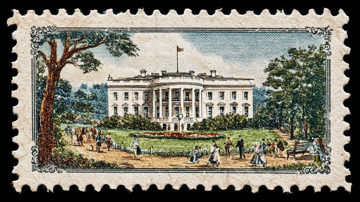 a vintage postage stamp depicting [iconic monument of a capital with…