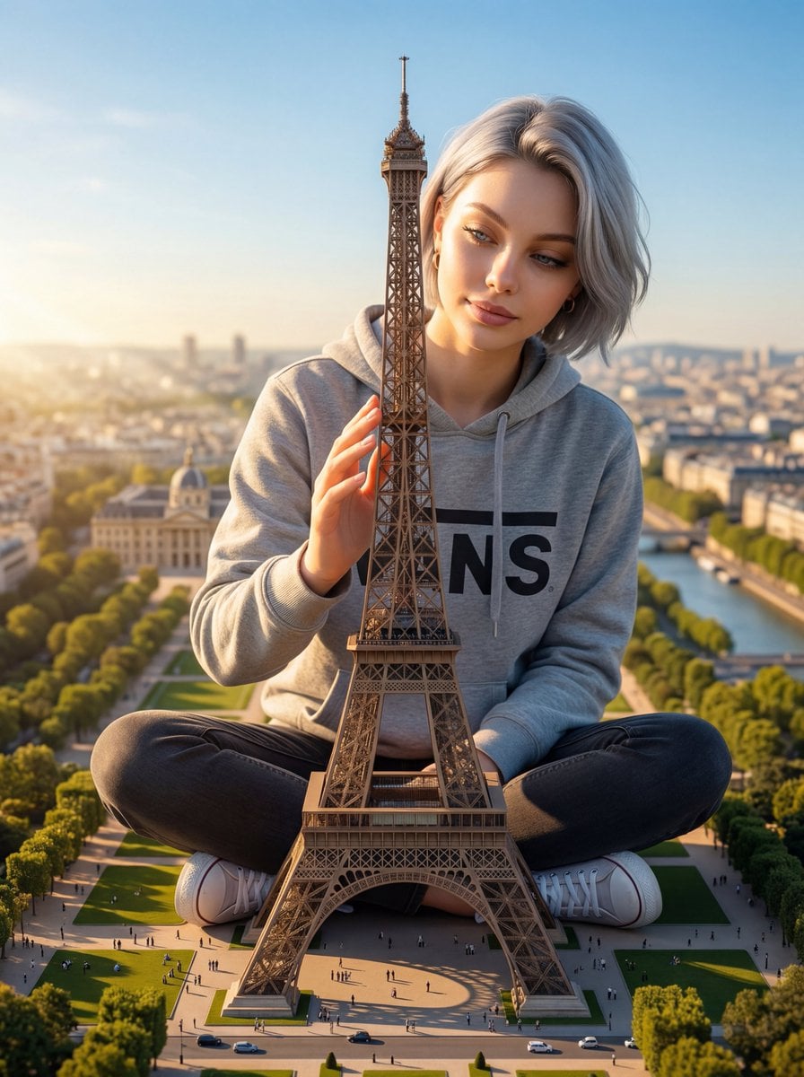 A titanic 600-meter tall woman sitting cross-legged on Champ de Mars…