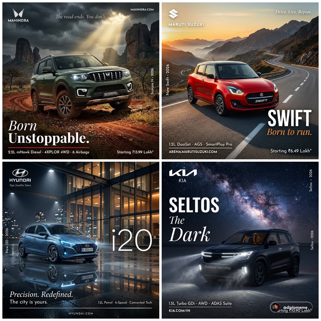 Hyper-realistic professional automotive commercial ad poster. [BRAND] [MODEL] in [COLOR] parked at a perfect…