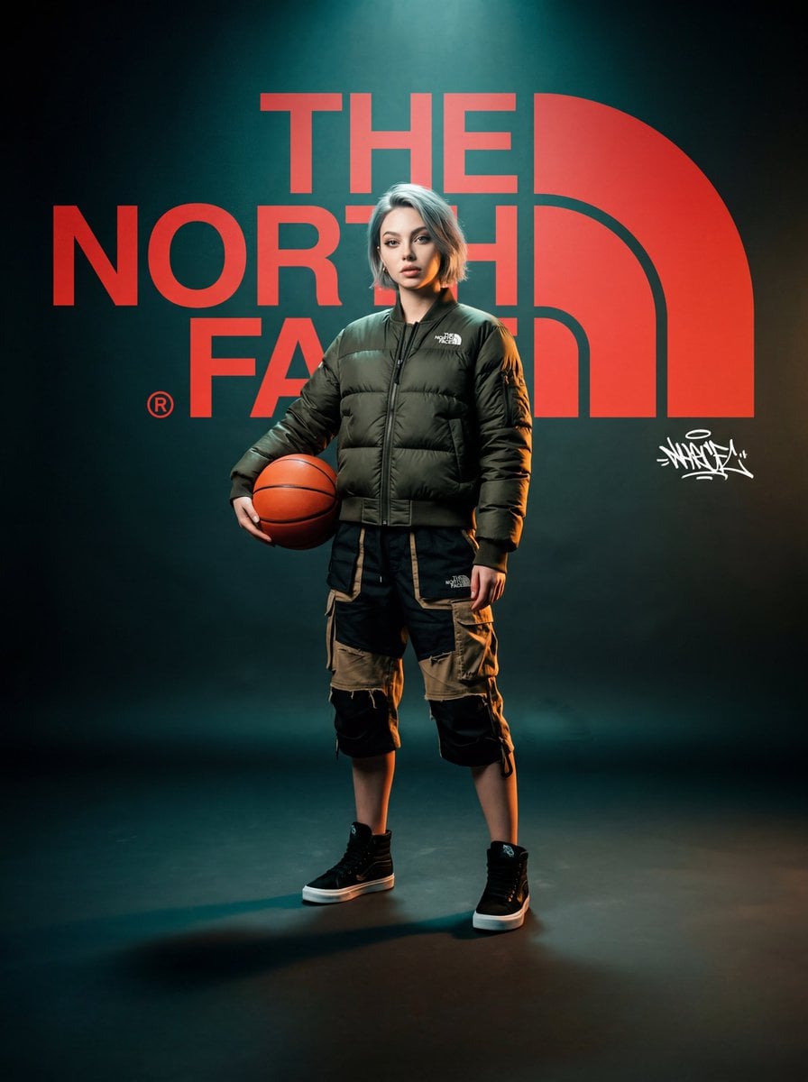 A high-fashion, cinematic brand concept poster for "The North Face." The scene features a woman in the upload…