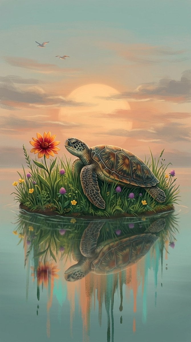 A digital fantasy illustration of a small turtle resting on a grassy riverbank at twilight. The turtle has a…