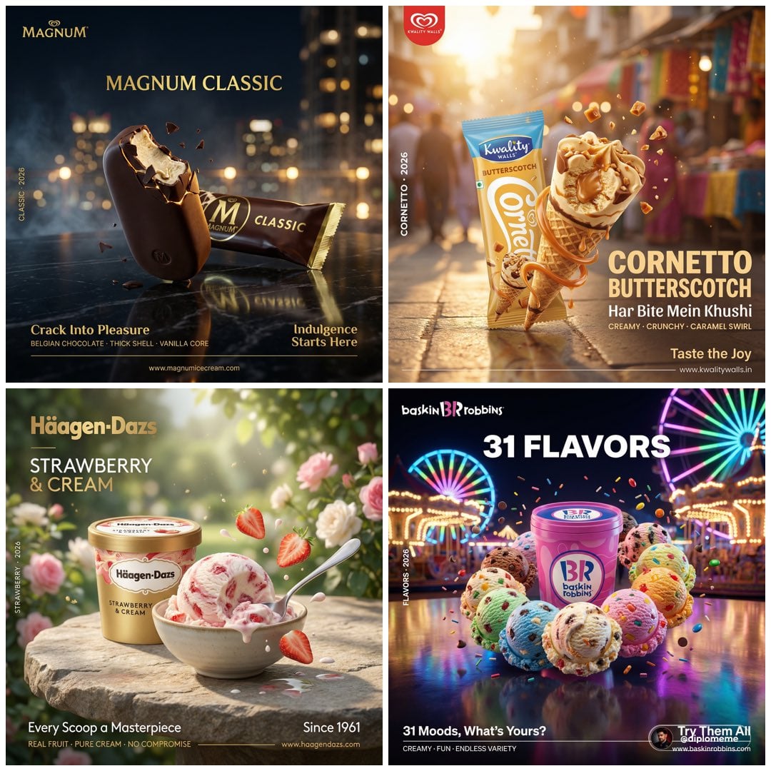 Hyper-realistic professional FMCG ice cream commercial ad poster. Mag…