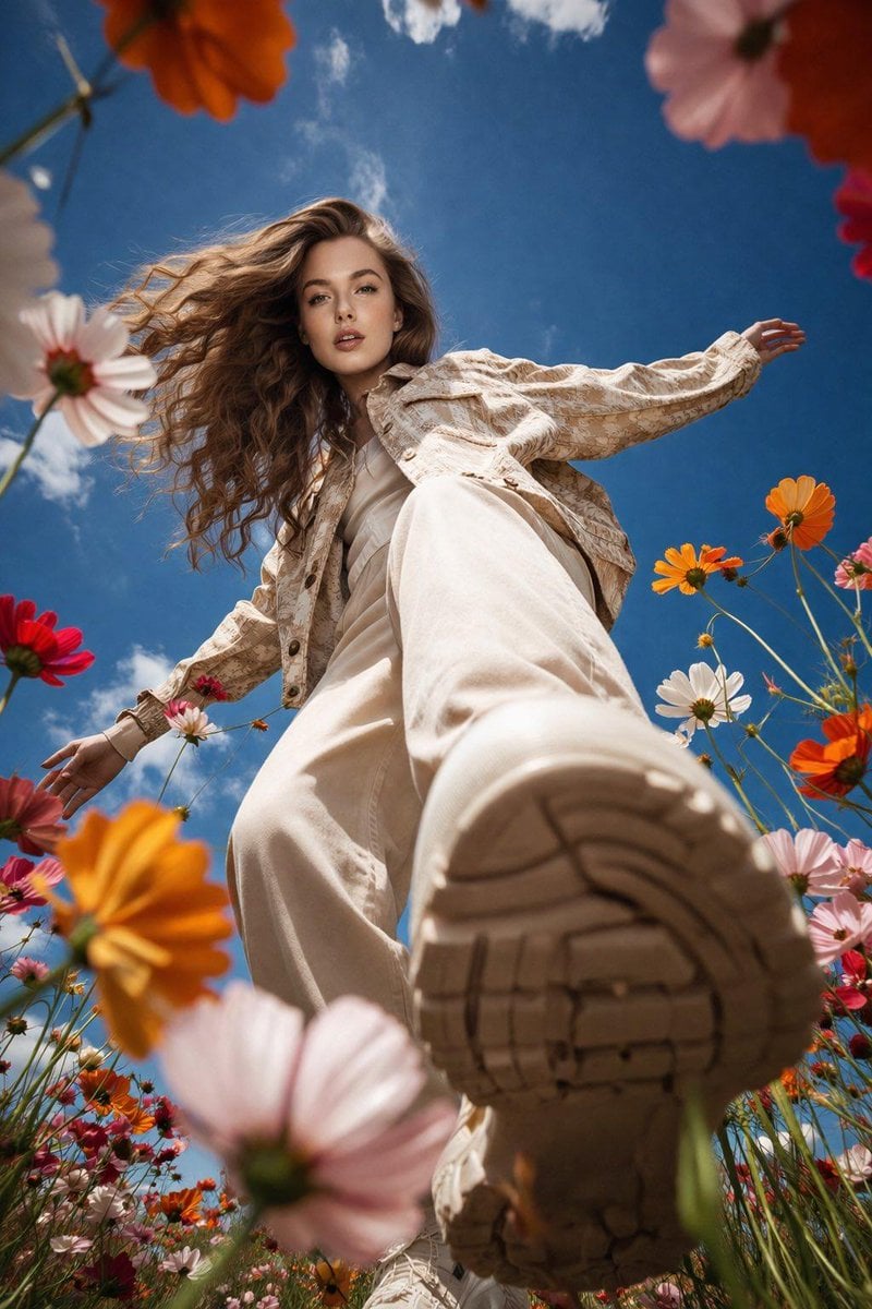 A cinematic ultra-wide low-angle shot of a stylish young woman walkin…