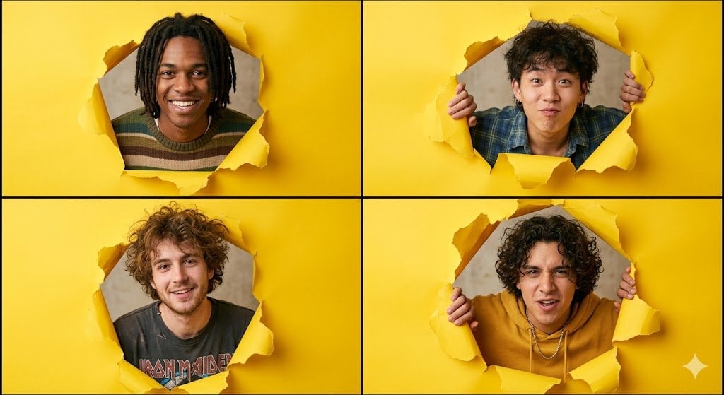 A high-resolution 2x2 grid collage of four individual portraits. In e…