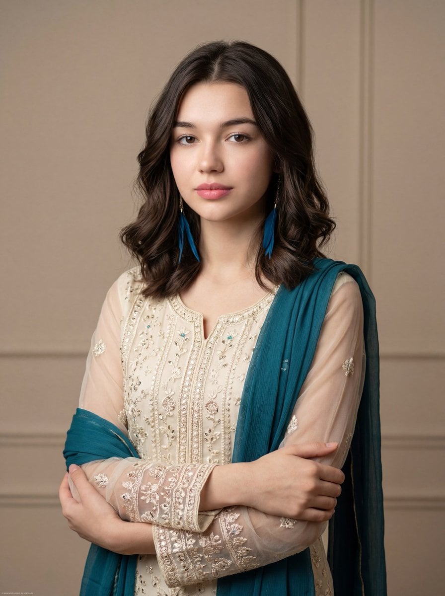 image generation young woman in elegant traditional attire pose standing with arms gently crossed expression…