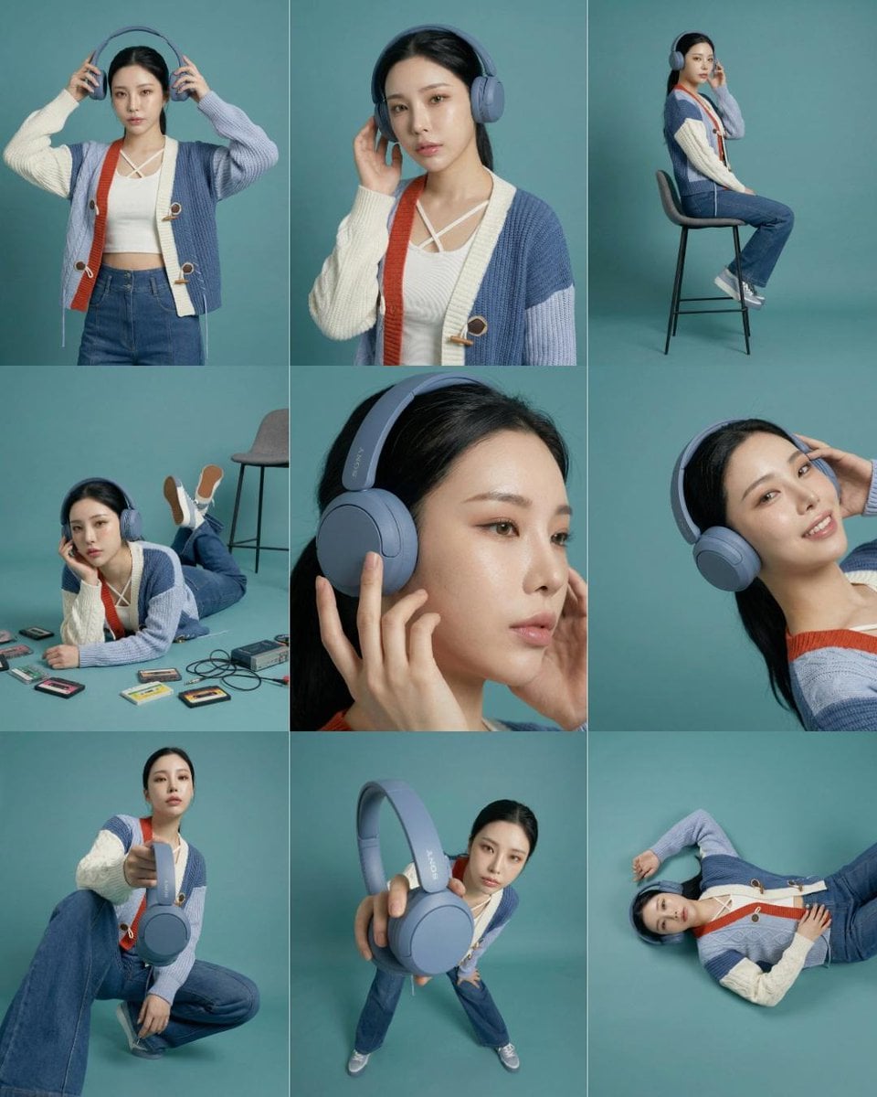 3×3 storyboard grid, nine panels, same subject and outfit, consistent teal studio background, soft diffused l…