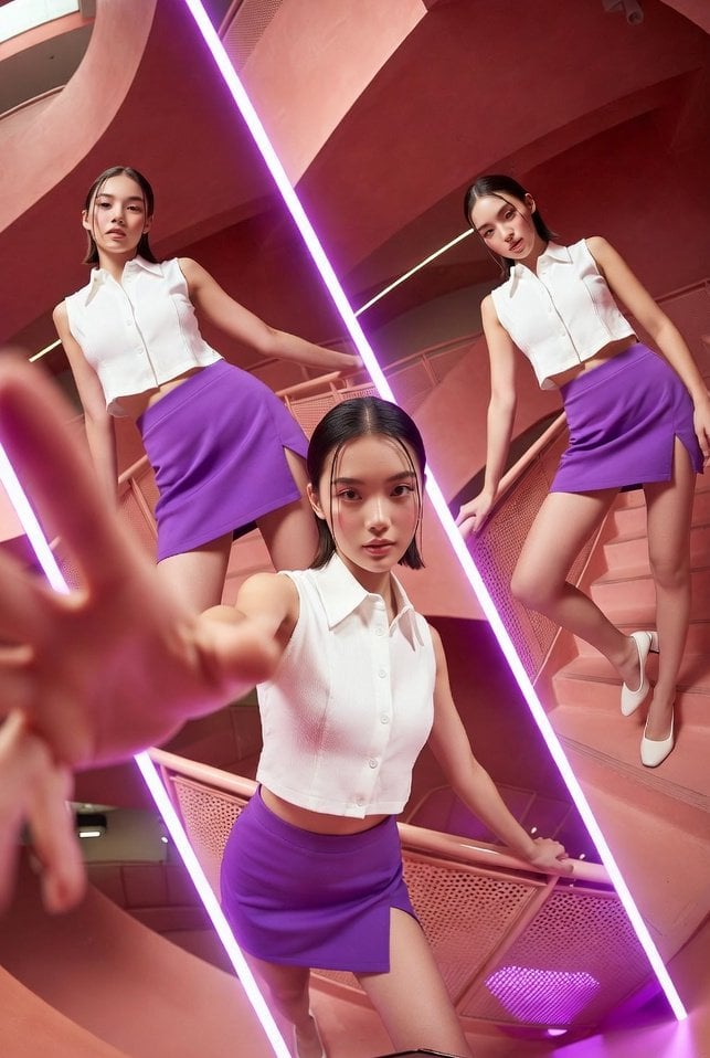 A vibrant, high-fashion commercial photoshoot featuring a young stylish woman posing in multiple dynamic angl…
