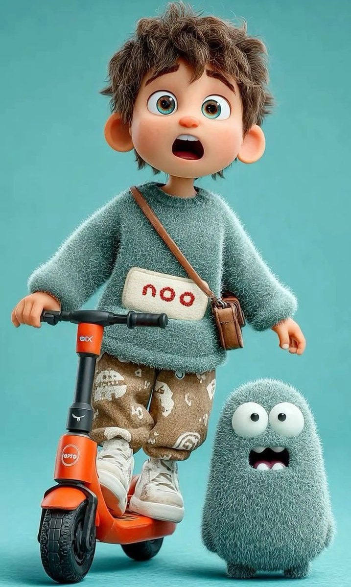 3D Pixar-style animated child character, cute young boy with messy br…
