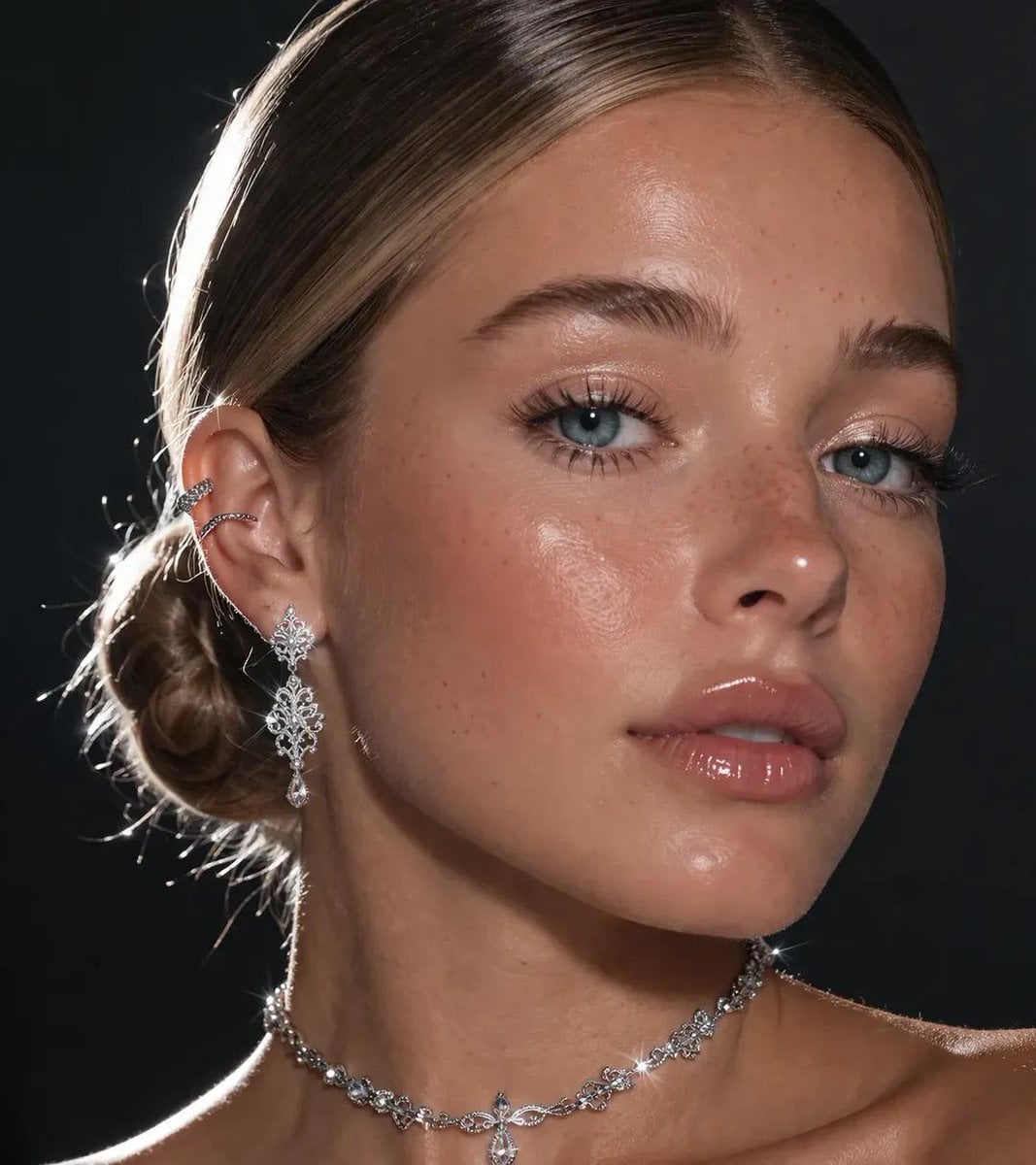 An extreme close-up focusing on a pretty lady's face and neck. She ha…
