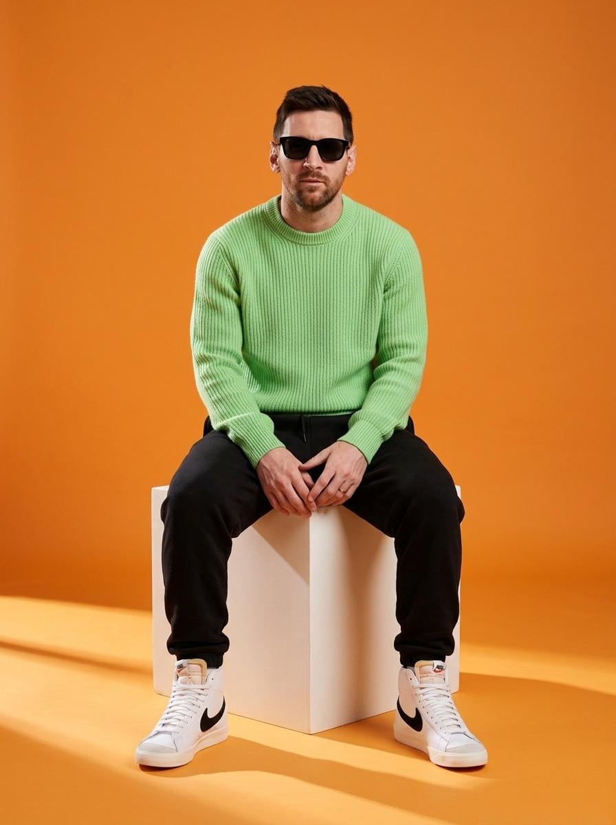 A stylish male model sitting on a white cube in a minimalist studio with a vibrant orange background. He is w…
