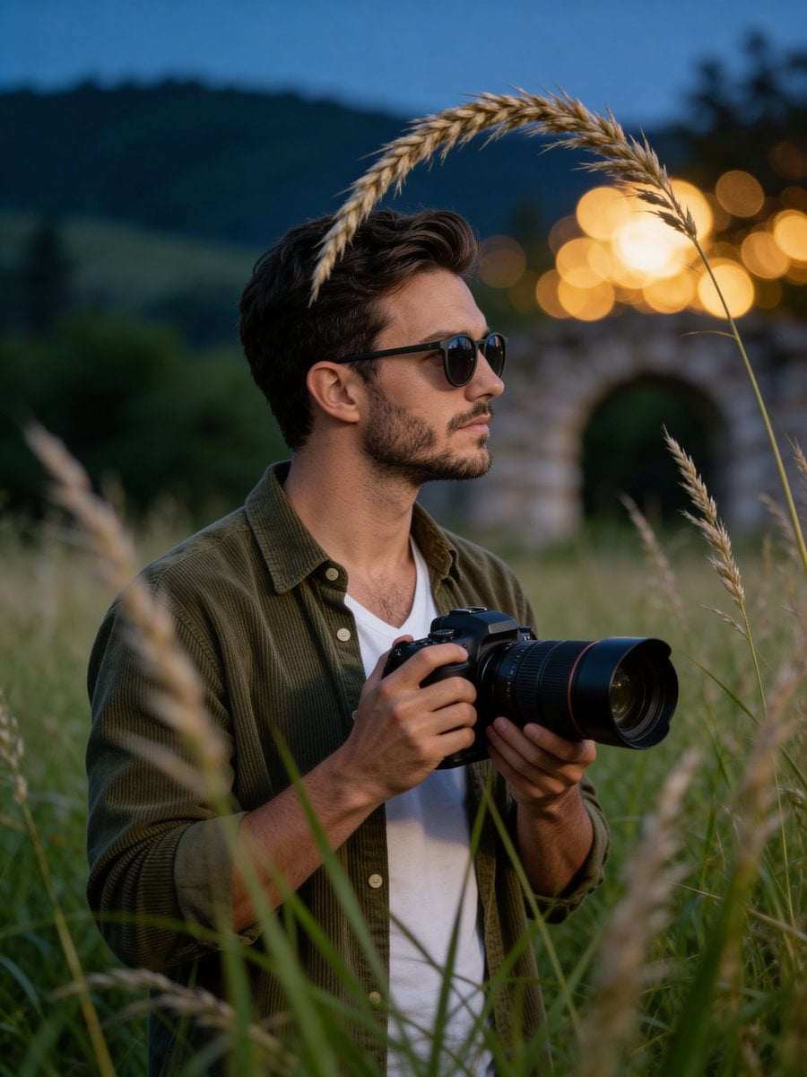 Cinematic medium shot of a young man with a trimmed beard and short b…