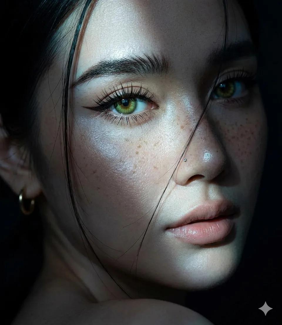 Create an extreme close-up portrait of a beautiful young woman who is turning her head toward the camera, as…