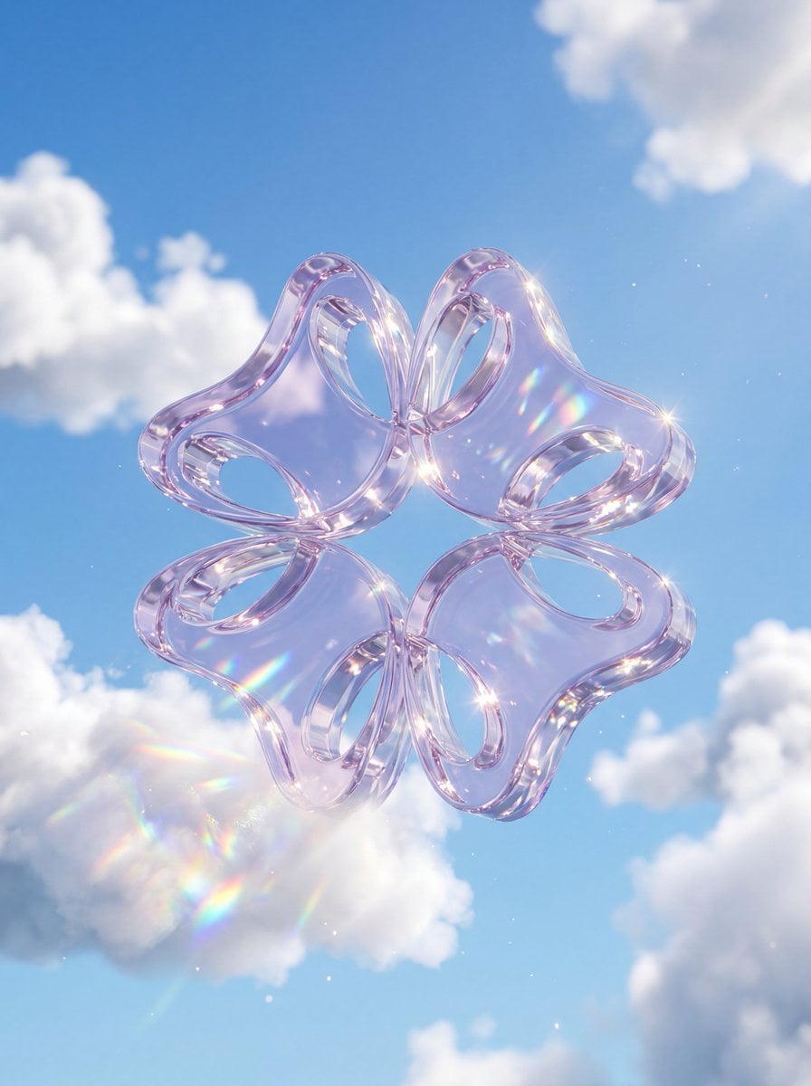 A premium 3D stylized version of attached logo, rendered as thick, translucent crystal glass with high refrac…