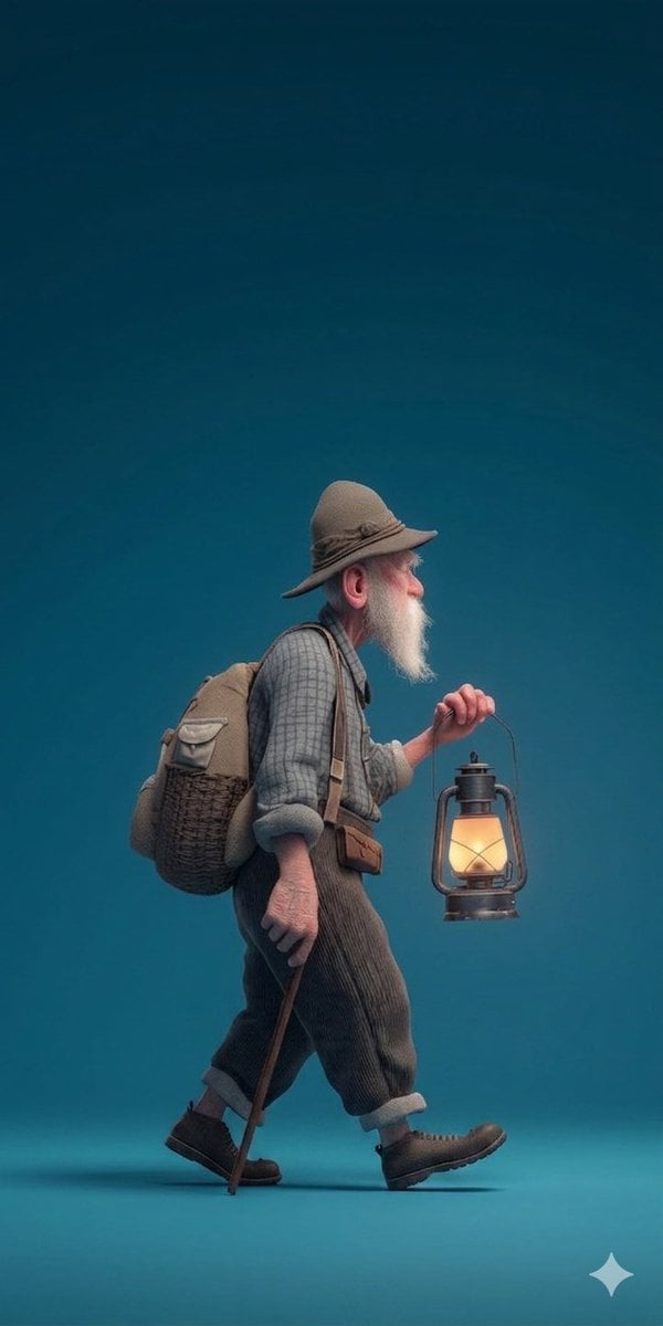 ​A stylized 3D rendered full-body profile portrait of an elderly male…