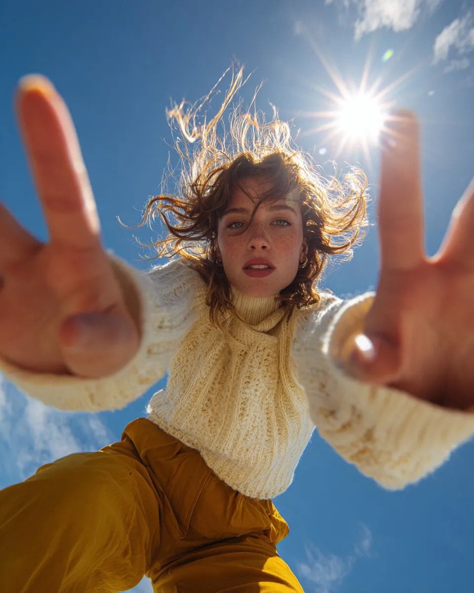 Ultra wide-angle low-angle portrait shot from ground perspective, you…