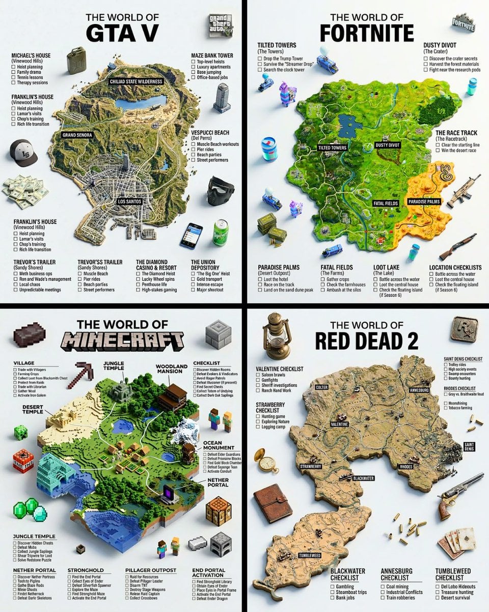 A hyper-realistic 3D game guide infographic poster for [GAME]. The in-game world of [GAME] is rendered as a r…