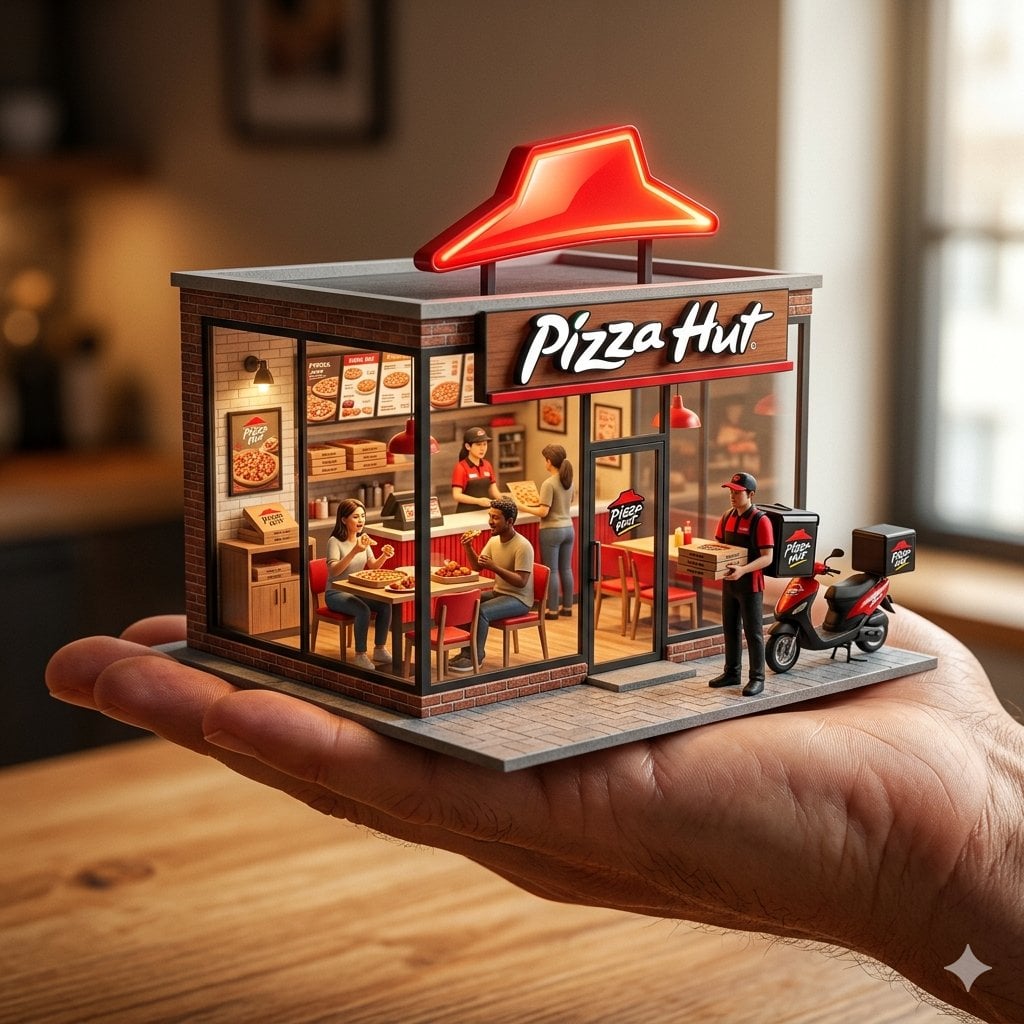 An ultra-realistic miniature [YOUR BRAND] showroom balanced on a huma…