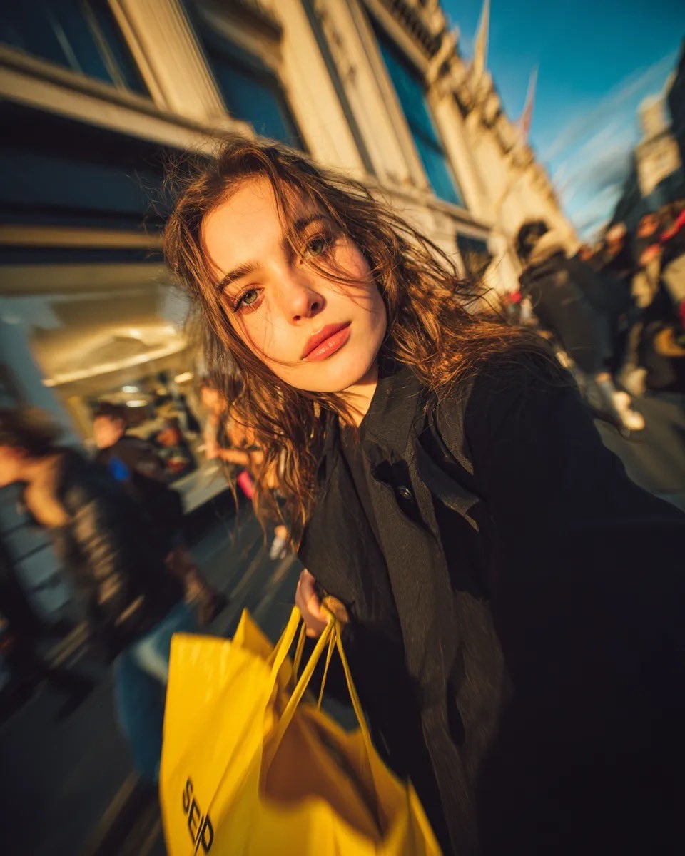 Cinematic street portrait of a young woman walking through a busy shopping street at golden hour, holding bri…