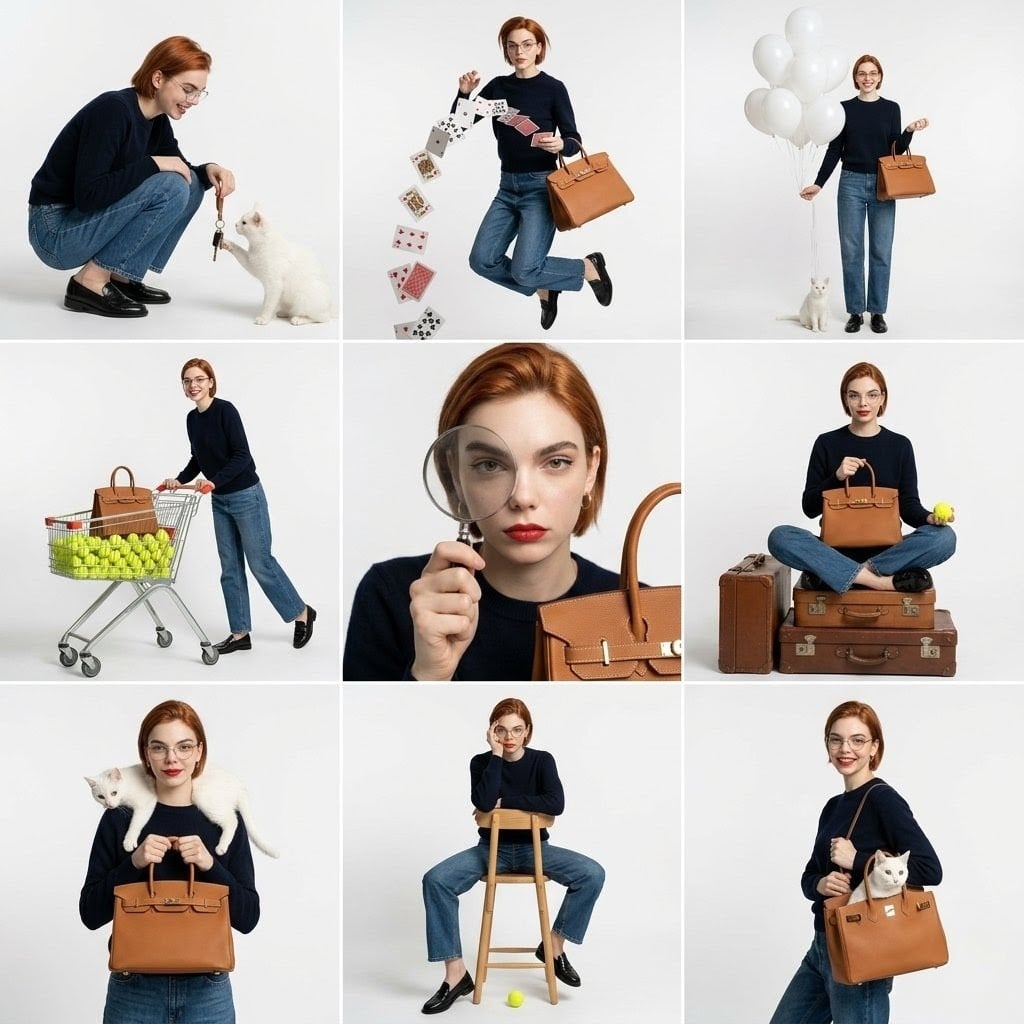 studio fashion collage, 3x3 grid layout, same subject repeated in dif…