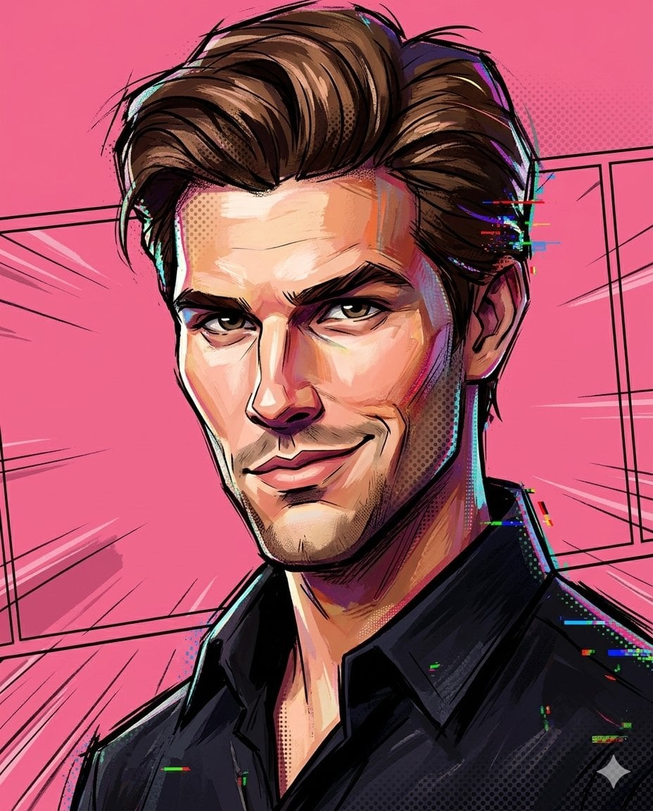 A painterly exaggerated cartoon portrait combining sculpted 3D anatom…