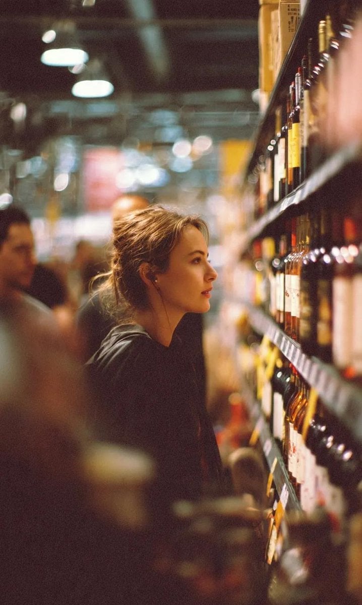 A cinematic side-profile portrait of a young woman standing in a grocery store aisle, carefully looking at a…