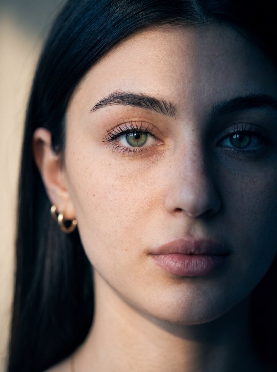 Ultra-realistic close-up portrait of a young woman with fair skin and…
