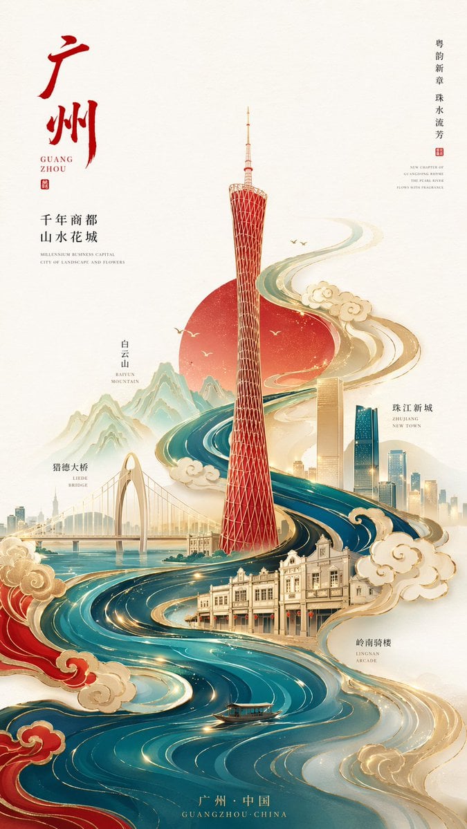 新中式极简风格高端城市海报，9:16竖版构图，以广州为核心主题，画面中心为抽象几何化的广州塔，造型简洁但具有辨识度， 整体采用S型流动构图…