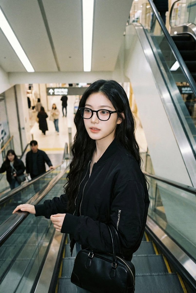 Photorealistic iPhone candid of a woman on an escalator, using the ex…