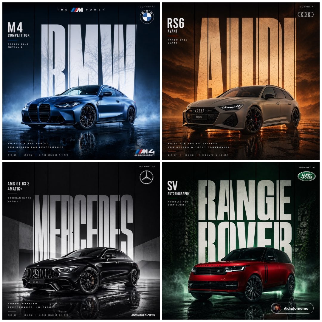 Cinematic automotive billboard poster, [CAR MODEL + VARIANT] in [PAINT COLOR + FINISH], parked center-frame,…