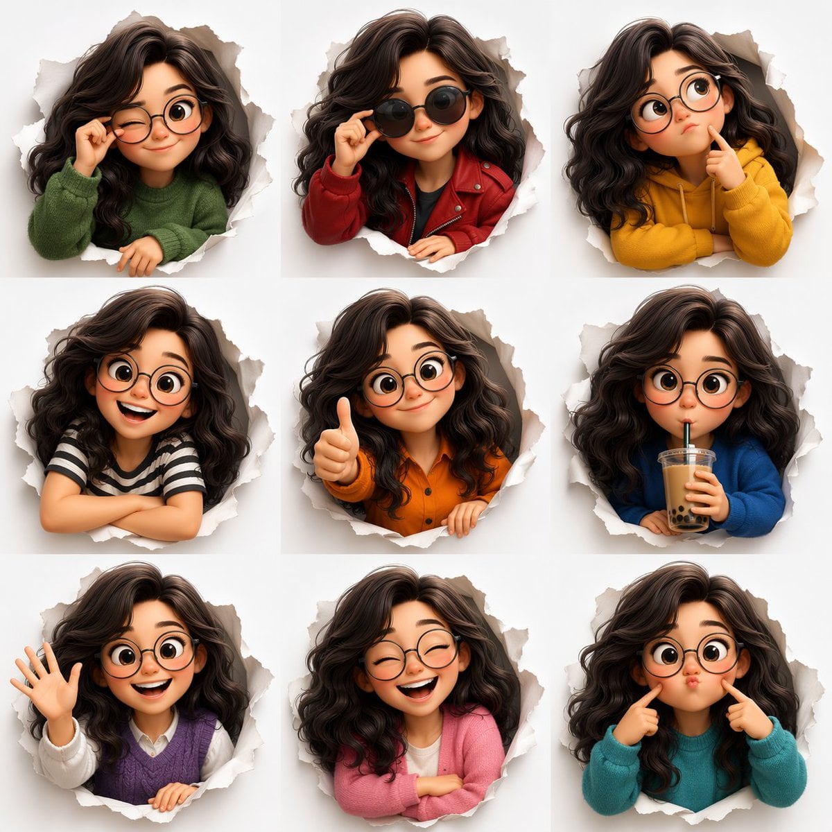 3D Pixar-style expression sheet, cute stylized avatar with wavy dark…