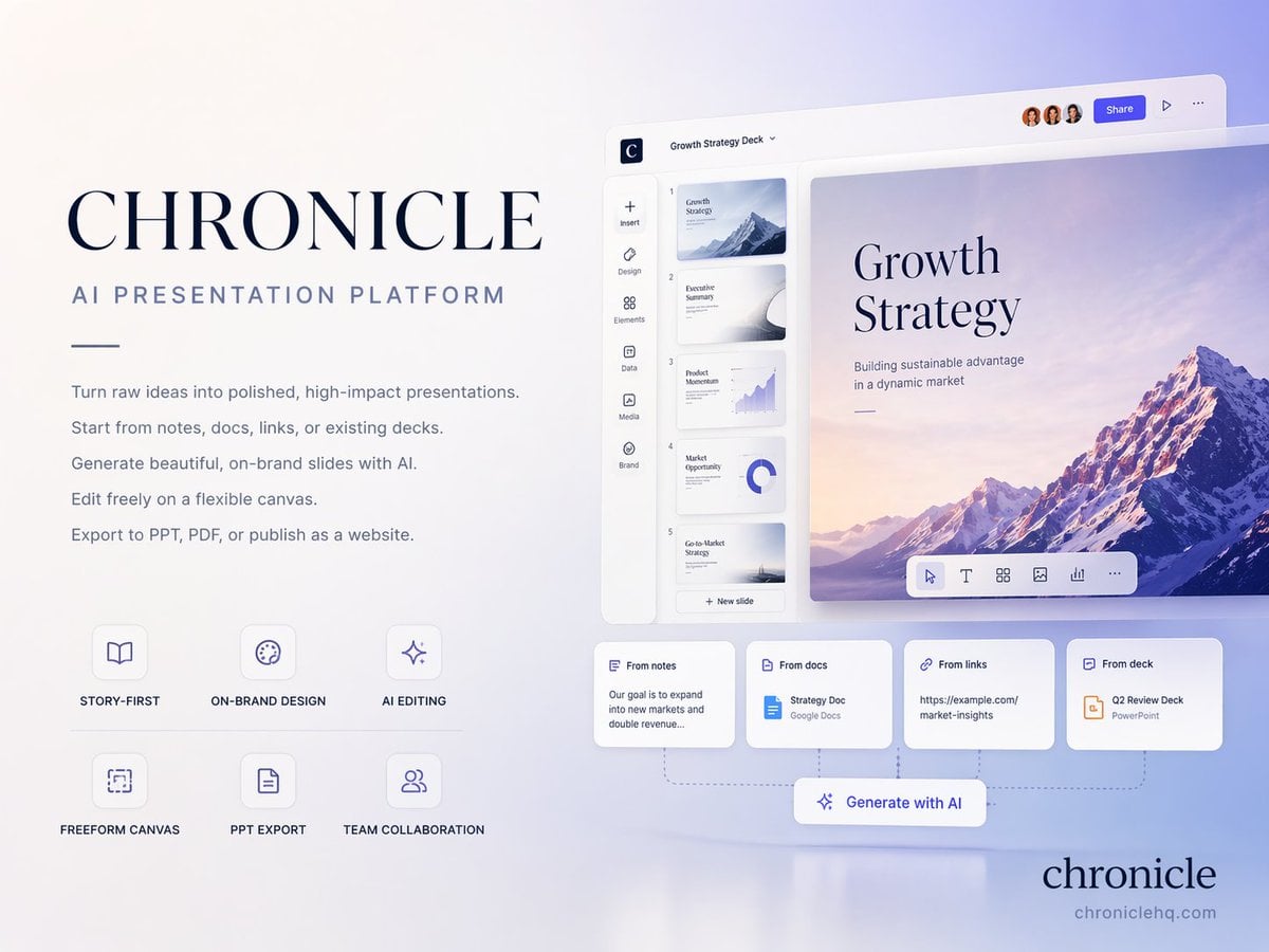Create a premium 4:3 presentation cover slide introducing Chronicle,…