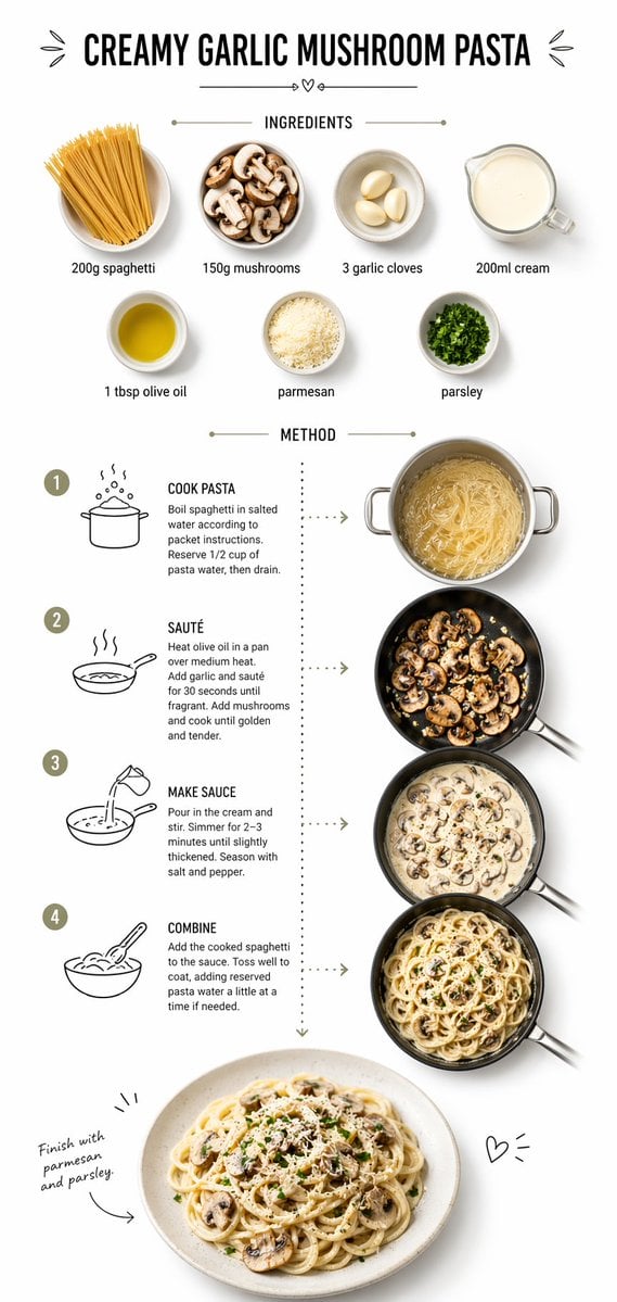 Create step-by-step recipe infographic for creamy garlic mushroom pasta, top-down view, minimal style on whit…