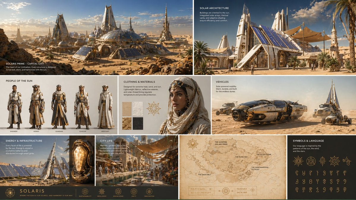 Create a complete visual worldbuilding set for a futuristic desert ci…