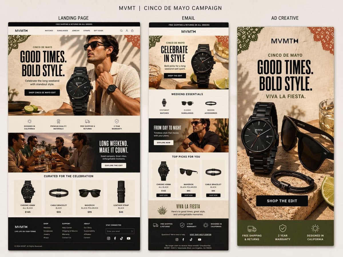 Create a premium presentation-style campaign board for MVMT’s Cinco d…