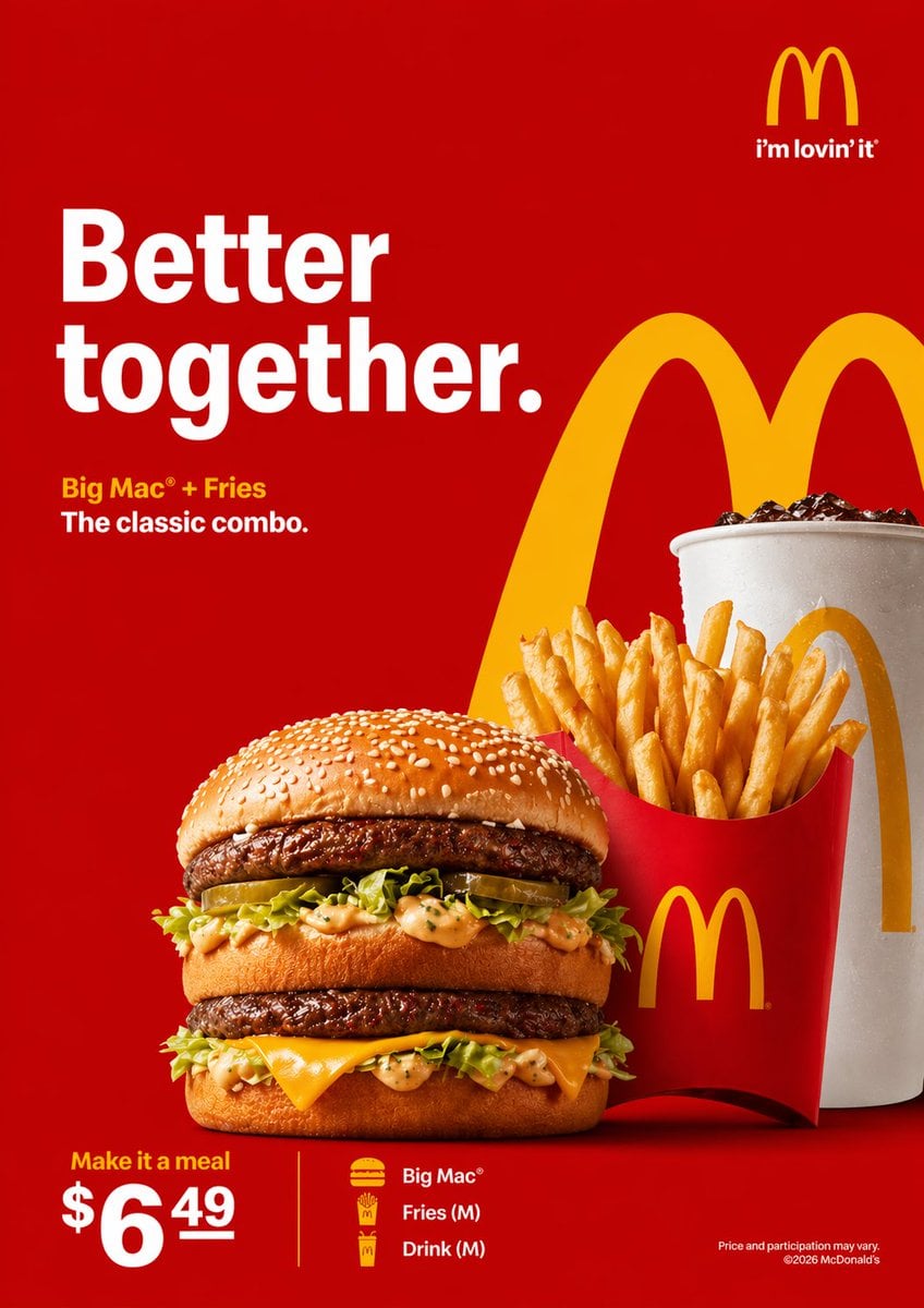 Create a clean, high-quality McDonald’s advertisement. Use a bold red…
