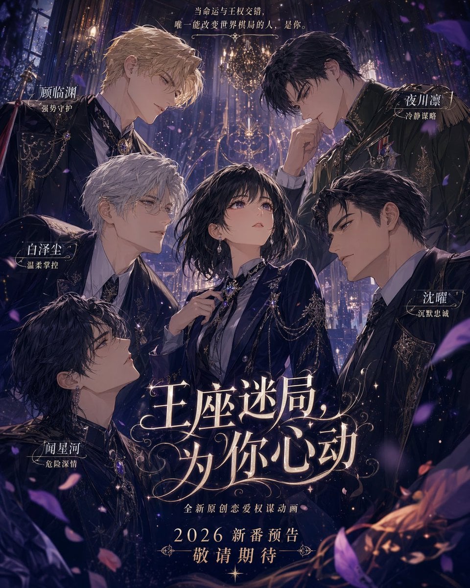 请创作一张【主题为：】的[乙女恋爱游戏主视觉海报]风格的二次元宣传图。 整体设定为：多位具有强烈权力感、领袖气场、成熟魅力的男性角色，围绕一位女性主角展开情感与权谋交织的修罗场关系。画面不是普通群像，而是典型女性向恋爱…