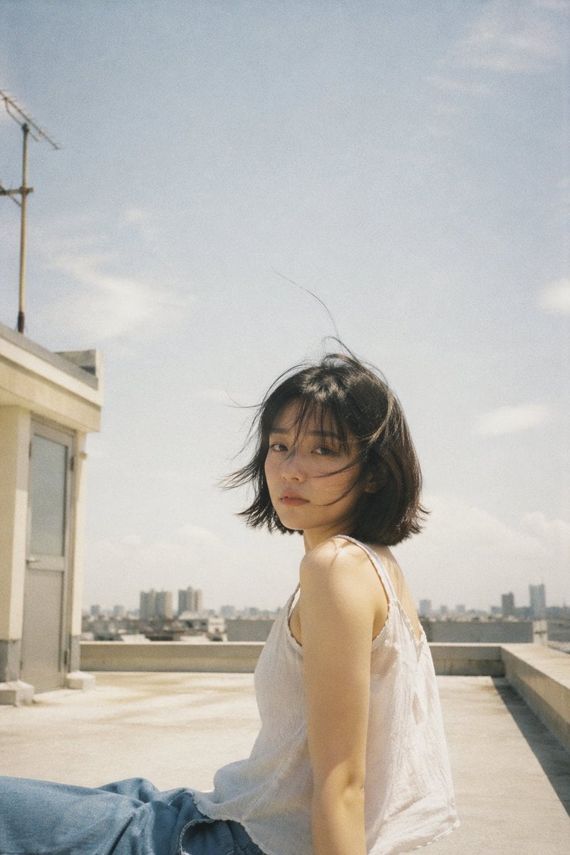 Japanese negative film aesthetic, rooftop summer scene, soft natural…