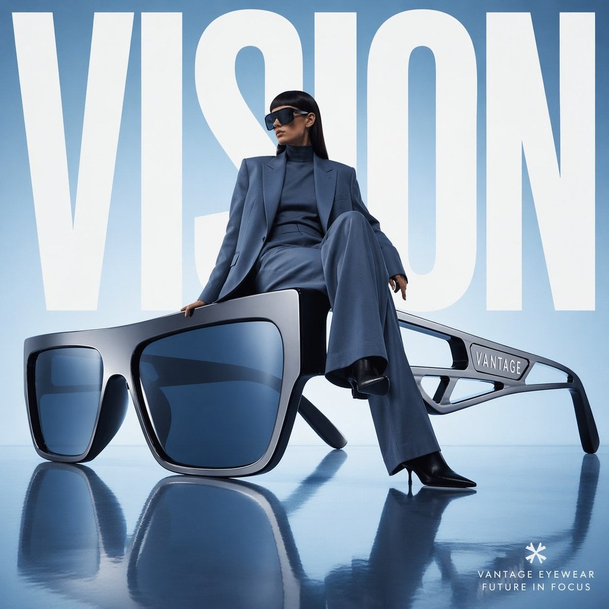 Avant-garde fashion advertisement, oversized futuristic sunglasses positioned like sculpture, model casually…