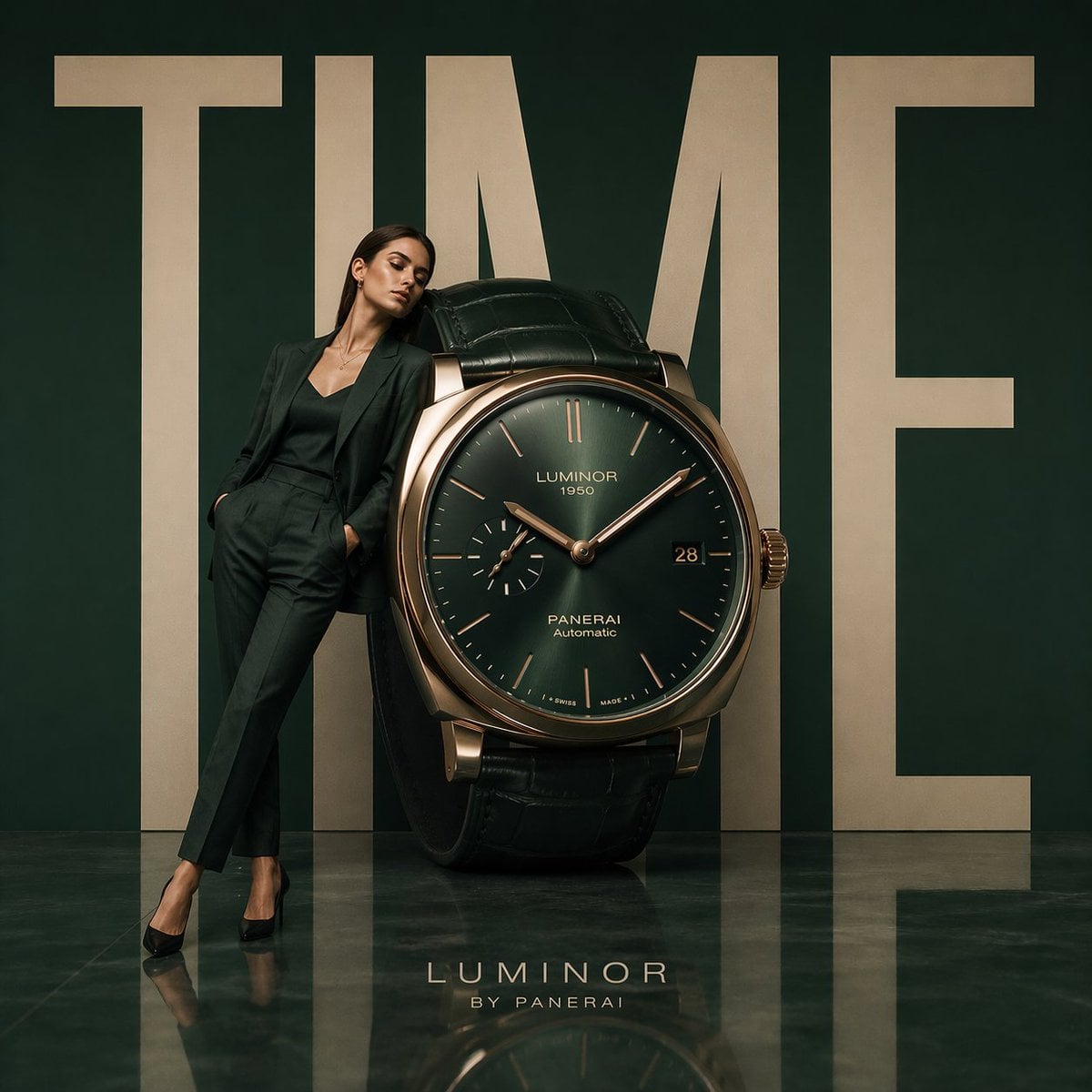 Minimalist luxury watch campaign, oversized wristwatch positioned like modern sculpture, model leaning agains…