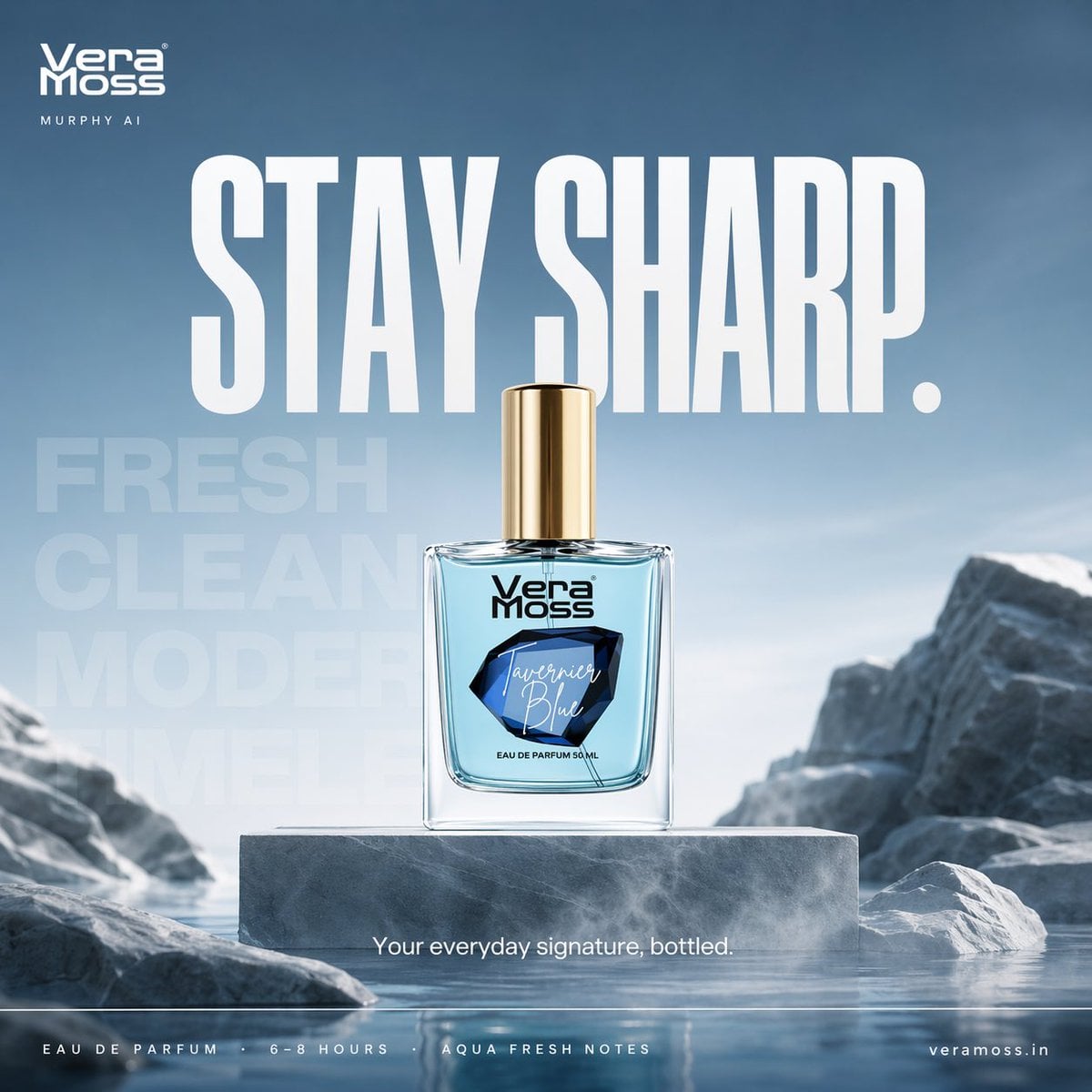 Hyper-realistic cinematic perfume billboard poster for Vera Moss Tave…