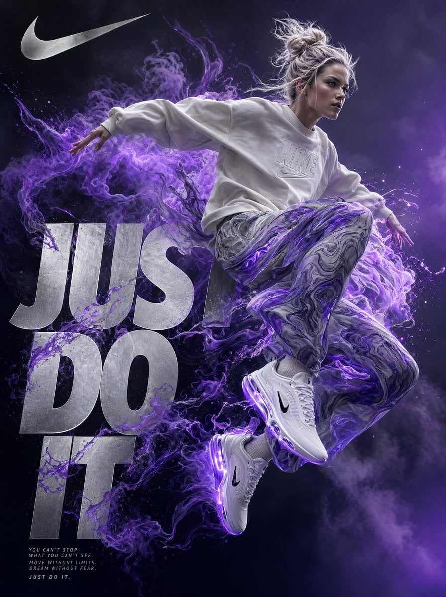 A highly detailed digital artwork in a surreal, dynamic style inspired by premium athletic advertising for Ni…