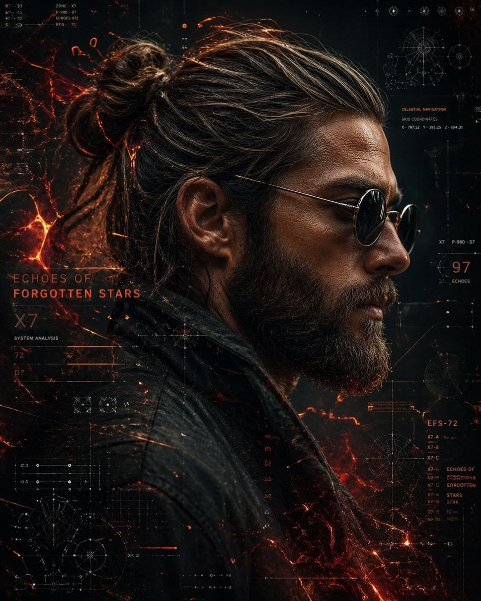 A cinematic side-profile portrait of a rugged man with a tied-back bu…