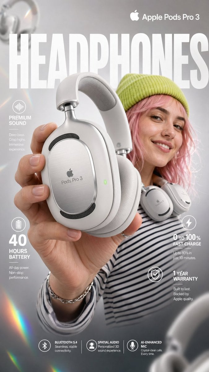 High-impact e-commerce infographic for "Apple Pods Pro 3" premium wir…